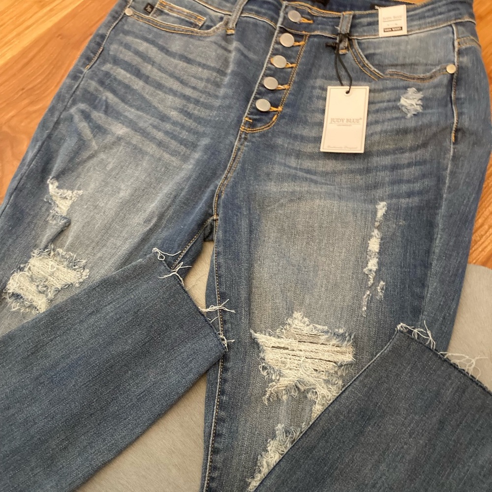 Judy Blue High Rise ButtonUp Straight Ripped Jeans - Picture 9 of 13